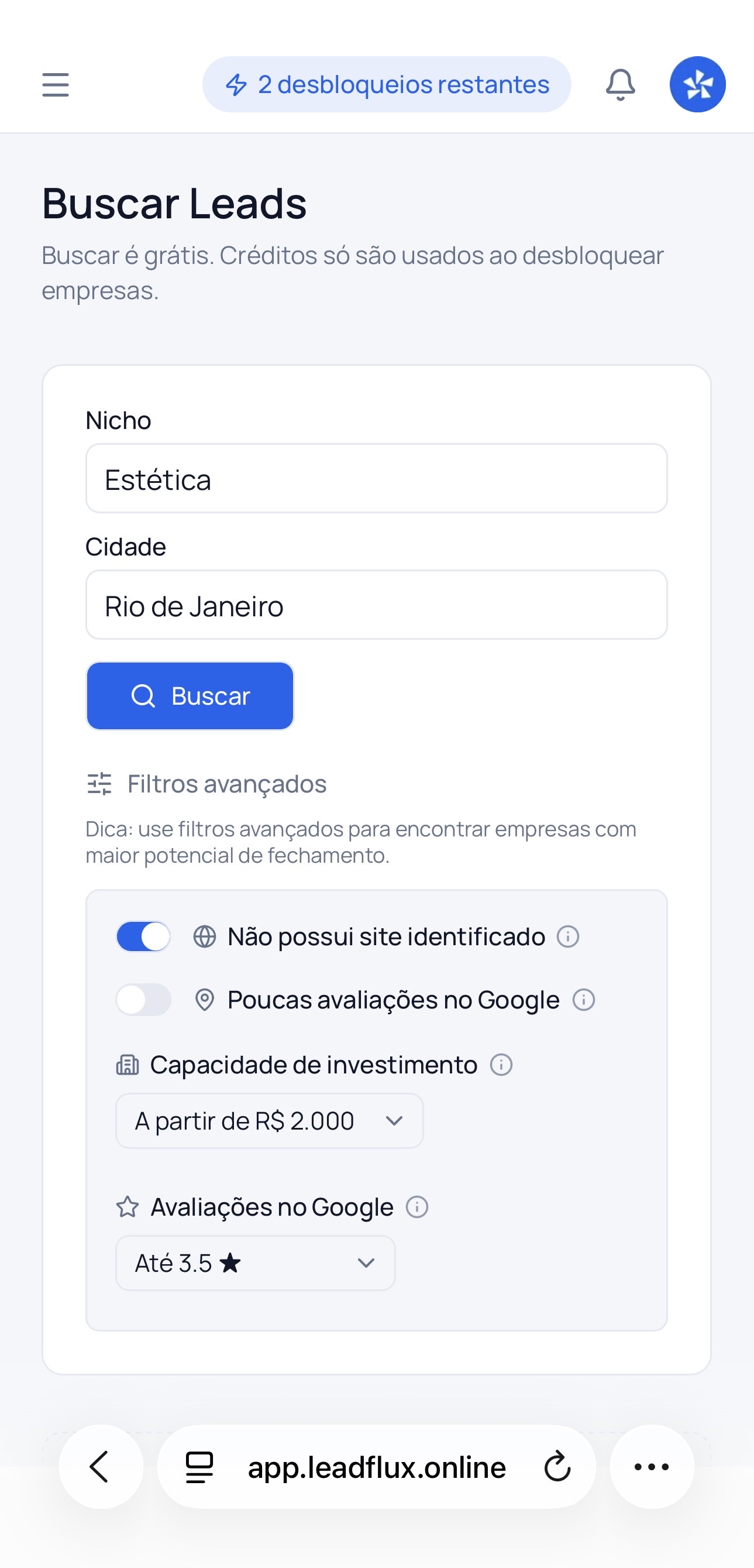 Buscar leads por nicho e região